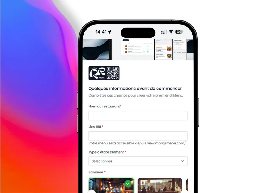 Interface mobile d'un outil de création de menu QR code pour restaurant, illustrant la simplicité de gestion en ligne