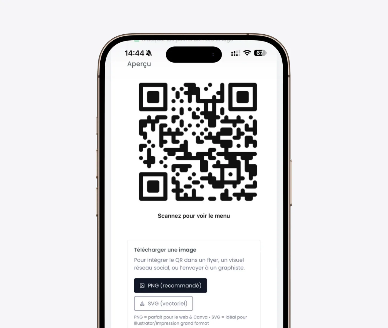 Capture d’écran d’un QR code MonQrMenu sur smartphone avec options de téléchargement en PNG ou SVG