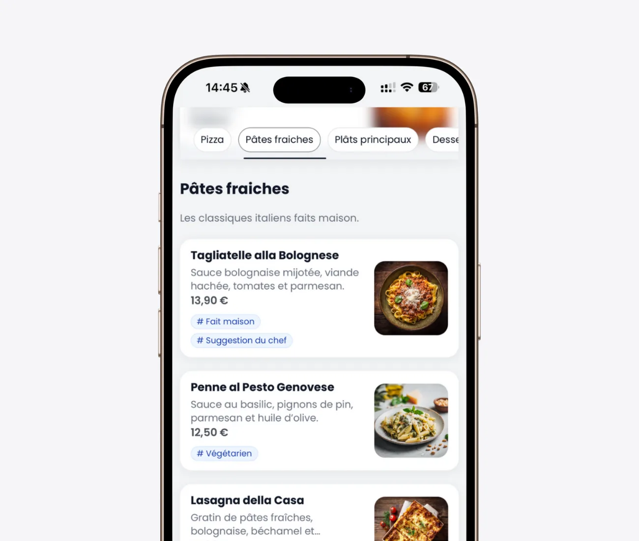 Capture d'écran d'un menu digital de restaurant italien sur smartphone, mettant en avant des plats de pâtes fraîches maison, adapté aux attentes des clients à Lille et Paris.