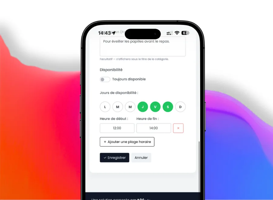 Interface mobile d'un système de gestion de disponibilité pour un restaurant, affichant les plats et leurs statuts en temps réel.