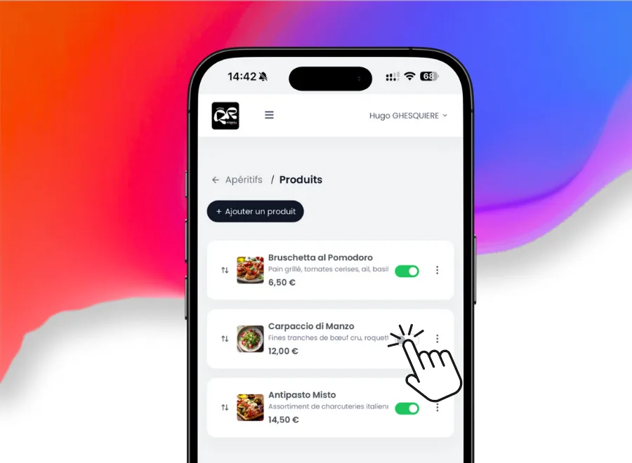 Interface d'une application de gestion de produits alimentaires affichant une liste d'apéritifs avec leurs prix et images