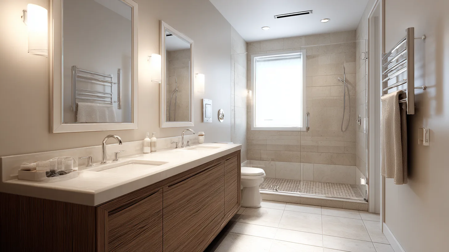 Salle de bain moderne et lumineuse avec vasque en bois et miroir encadré de pierre, rénovée par un plombier chauffagiste RGE à Lille