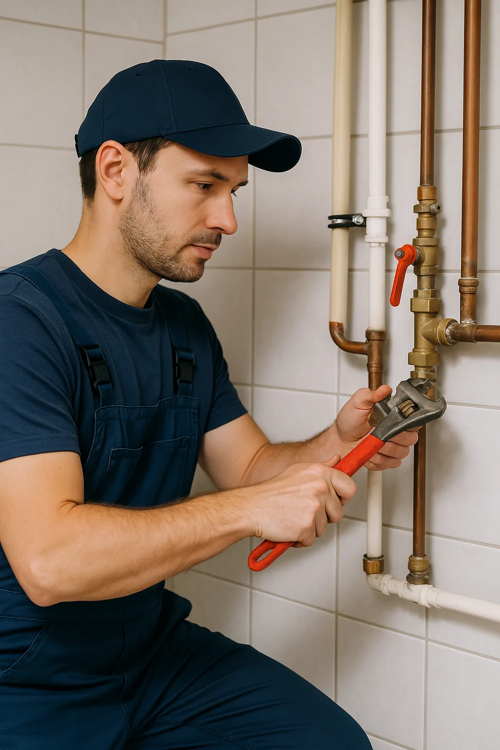 Technicien en plomberie installant un adoucisseur d'eau dans une salle de bain moderne à Lille